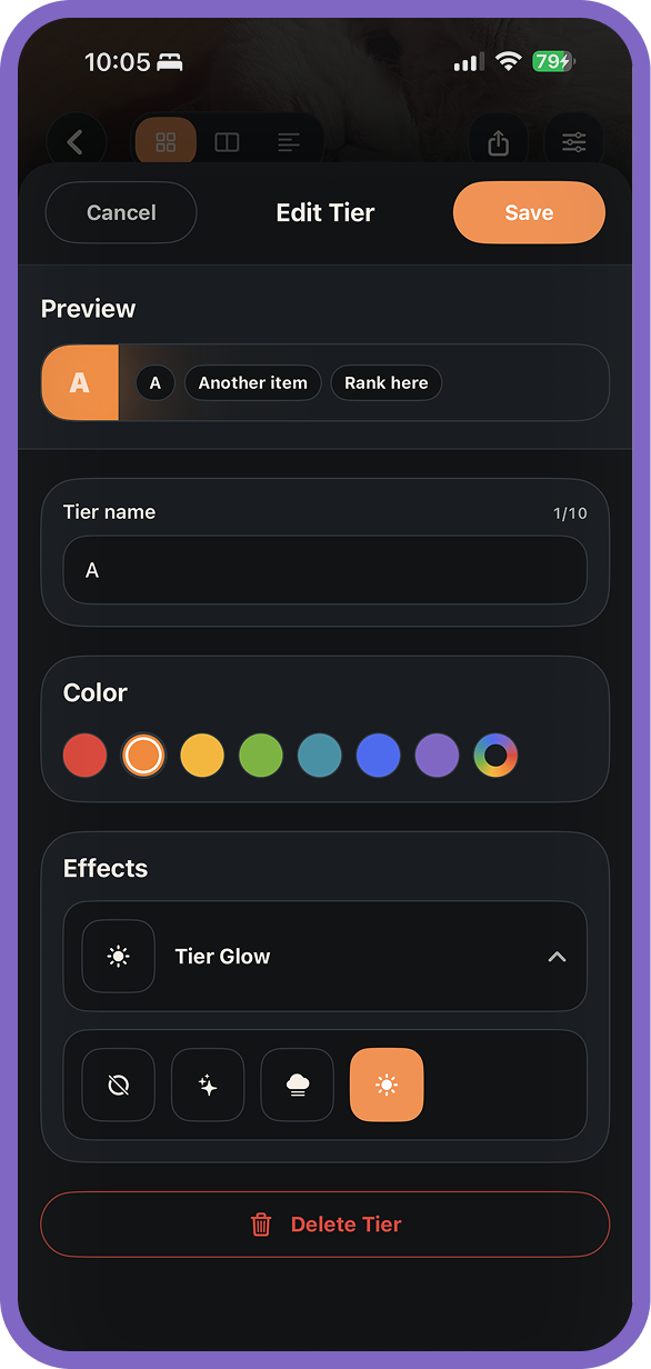 TierListr iOS app screenshot showing customization options