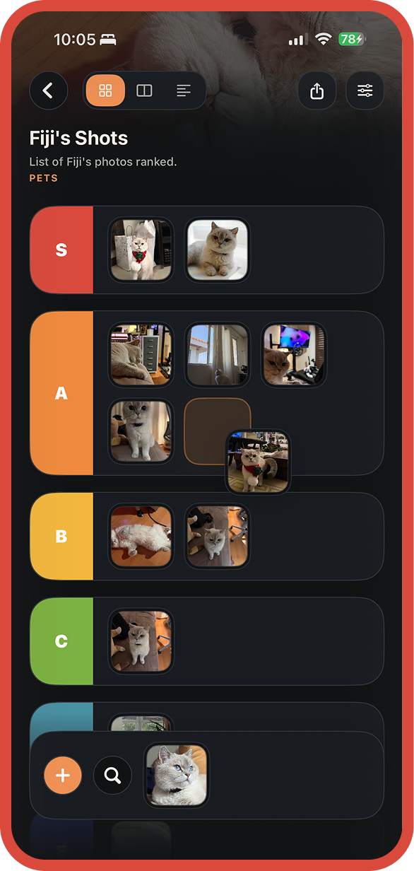 TierListr iOS app screenshot showing drag and drop ranking flow